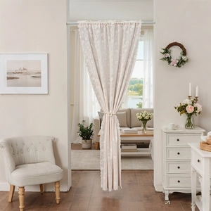 Elegant cream floral lace door curtain with embroidery and scalloped edges for home decor