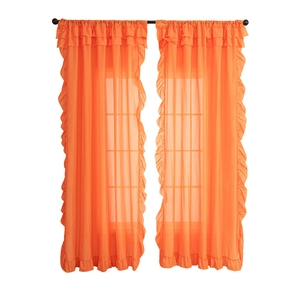 Orange sheer curtains with elegant ruffled edges on a rod, minimalist home decor style