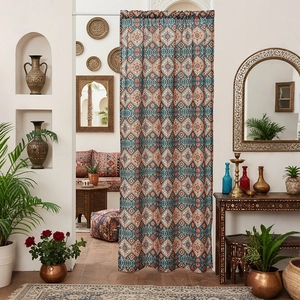 Ethnic bohemian mandala door curtain with blue geometric patterns and tension rod