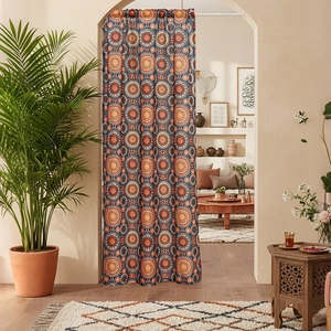 Bohemian mandala door curtain with orange and blue patterns for arched doorways