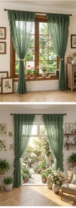 Detail of dark green semi-transparent curtains with layered ruffle edges for windows