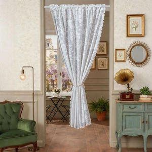French retro white floral lace door curtain with scalloped edges and pearl tieback