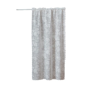 Elegant white lace floral door curtain with translucent fabric and a white telescopic rod