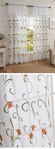 Close-up of orange tulip floral embroidery on semi-sheer white polyester rod pocket curtains