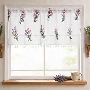 Pastoral White Lace Coffee Curtain With Lavender Floral Embroidery And Tassel Trim Short Window Valance For Kitchen Home