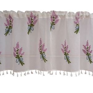 White lace cafe curtain with purple lavender embroidery and white tassel fringe border