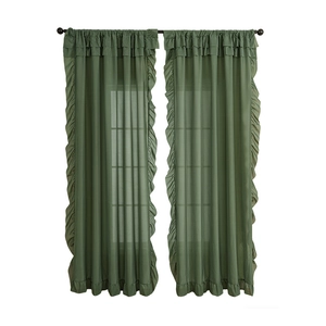 Olive green ruffled curtains in sheer fabric with rod pocket design for elegant home decor