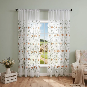 Pastoral Style Tulip Embroidered Sheer Curtain Rod Pocket Polyester Voile Window Treatment For Bedroom Living Room White