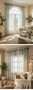Detail of light blue semi-transparent damask lace curtain with elegant grommet top design