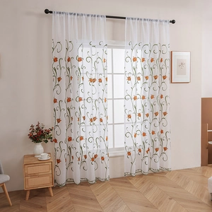 Pastoral style semi-sheer white curtain with orange tulip embroidery and green vine patterns