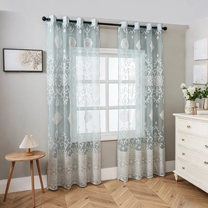Light blue modern lace window curtain with white damascus pattern and grommet top header