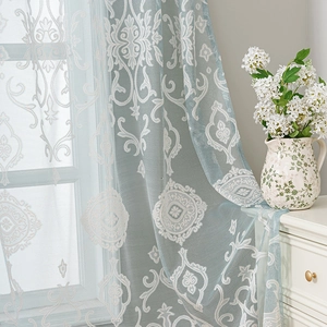 Modern Nordic light blue lace curtain with elegant white damask floral embroidery