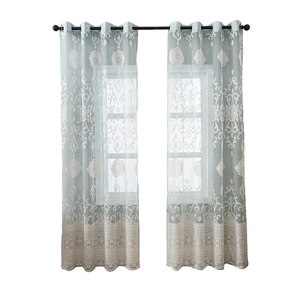 Modern Nordic light blue lace curtains with white damask patterns and metal grommet top
