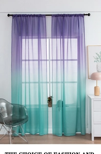 Detail of sheer purple and turquoise gradient curtain panels with rod pocket top
