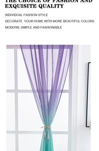 Detail of purple to turquoise gradient sheer curtain with a decorative gold tassel tieback