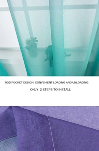 Detail showing sheer turquoise and purple curtains with rod pocket design for windows