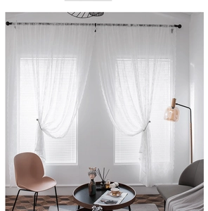 Close-up of white lace sheer curtain with floral patterns and scalloped edges for windows