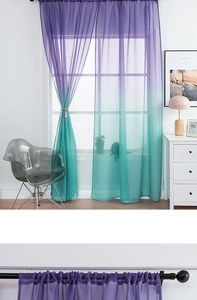 Detail of sheer purple and teal gradient curtain with rod pocket design in living room