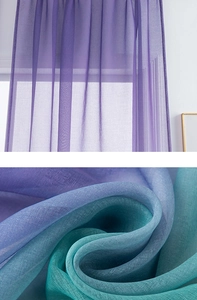Detailed view of semi-transparent gradient purple and blue sheer curtains with soft texture
