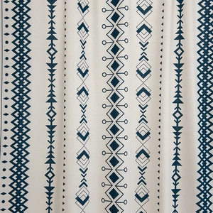 Bohemian geometric print cotton linen curtain with navy blue patterns and fringe