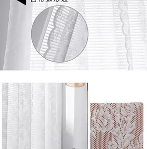 Detail of white lace curtain showing delicate floral mesh and scalloped edges for home decor