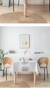 Detail of grey waterproof tablecloth featuring a mandala floral pattern and beige tassels