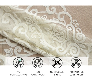 Detailed macro view of white floral jacquard lace fabric with elegant vine patterns