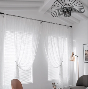 Close-up of white lace curtain featuring delicate floral patterns and scalloped edges
