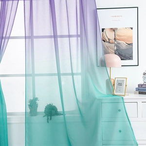 Elegant purple and turquoise gradient sheer curtains in a modern minimalist living room setting