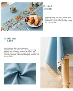 Detailed view of blue chenille fabric texture and beige lace border on a dining tablecloth