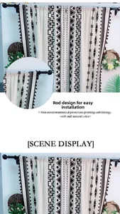 Bohemian cotton linen kitchen curtain detail with black tassels and geometric patterns