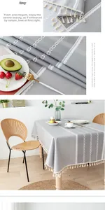 Detailed view of gray waterproof PVC tablecloth with lace patterns and tassel edges