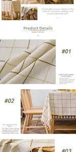Close-up of beige plaid tablecloth with bamboo texture, jacquard weave and white tassels