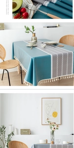 Detail of Nordic blue and grey PVC tablecloth with white lace edges and fringe tassels