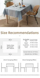 Size guide for Nordic waterproof PVC tablecloth showing 25-30cm drop recommendations