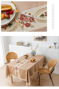 Close-up of floral embroidery and lace edging on a vintage style tablecloth set