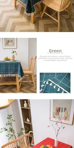 Close-up of green plaid tablecloth with white fringe tassels and linen texture