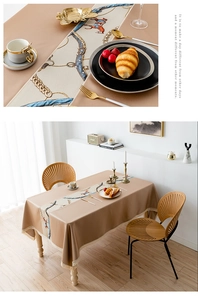 Detalle de mantel café con camino de mesa ecuestre y bordes de encaje delicados