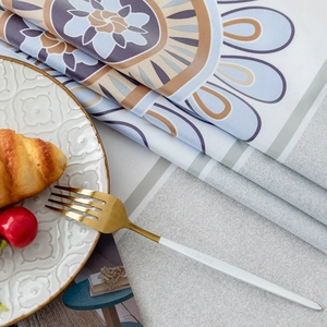 Nordic waterproof tablecloth with mandala floral pattern and elegant gray striped border