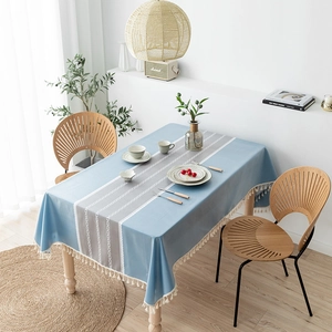 Nordic waterproof PVC tablecloth with blue floral prints and elegant tassel edges