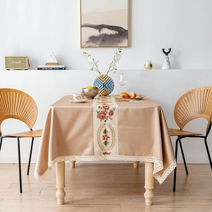 Elegant rectangular champagne tablecloth with floral embroidery and white lace trim