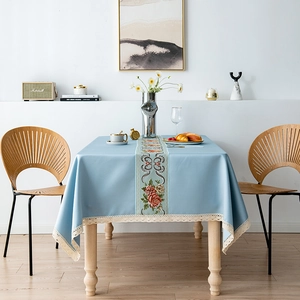 Vintage Floral Embroidered Tablecloth With Lace Trim Heat Resistant Rectangular Synthetic Fiber Table Cloth For Dining Table