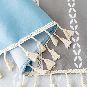 Waterproof PVC tablecloth with Nordic blue floral print and decorative tassels