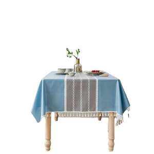 Nordic minimalist waterproof PVC tablecloth with blue patterns and white tassels decoration