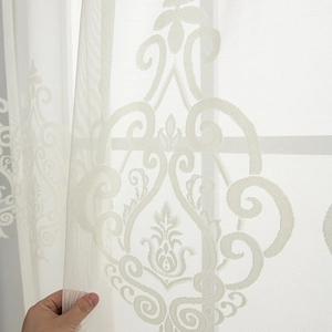 Elegant semi-transparent beige curtain with classic European damascus floral embroidery