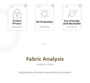 Detail of high-density lace curtain fabric showing UV protection and washable features