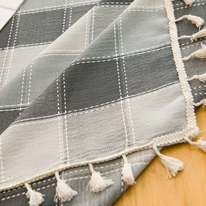 Nordic gray checkered waterproof tablecloth with elegant white fringe tassel edges