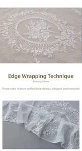 Close-up of white lace curtain with intricate floral jacquard and pleated ruffle edges