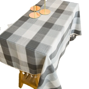 Waterproof grey checkered tablecloth with white tassels for Nordic style home dining tables