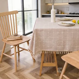 Waterproof Plaid Tablecloth With Tassels Nordic Minimalist Chemical Fiber Linen Texture Grid Table Cloth For Home Kitchen Dining